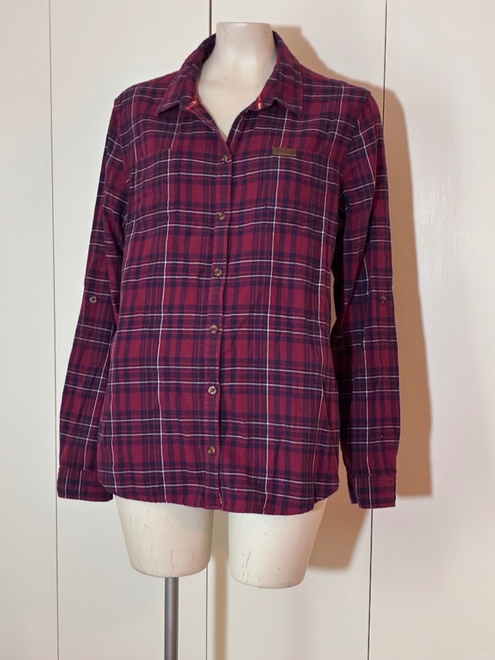 Indian Motorcycle Flannel Shirt XL Button Down Burgundy and Navy Blue Shirt